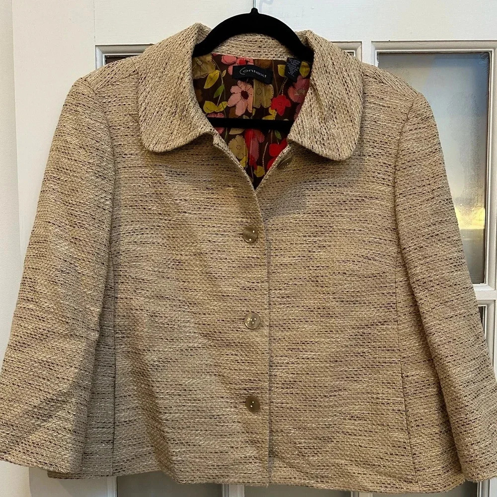 Context Tan Beige Gold Metallic Tweed Blazer Jacket Floral Lining Size 14